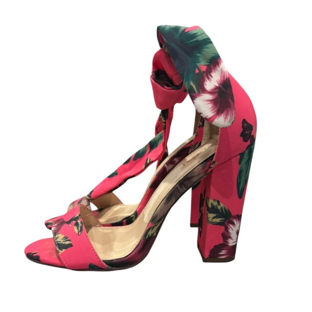 Liliana Women’s Size 8 Pink Floral Ankle Tie Block Heel Sandals Open Toe